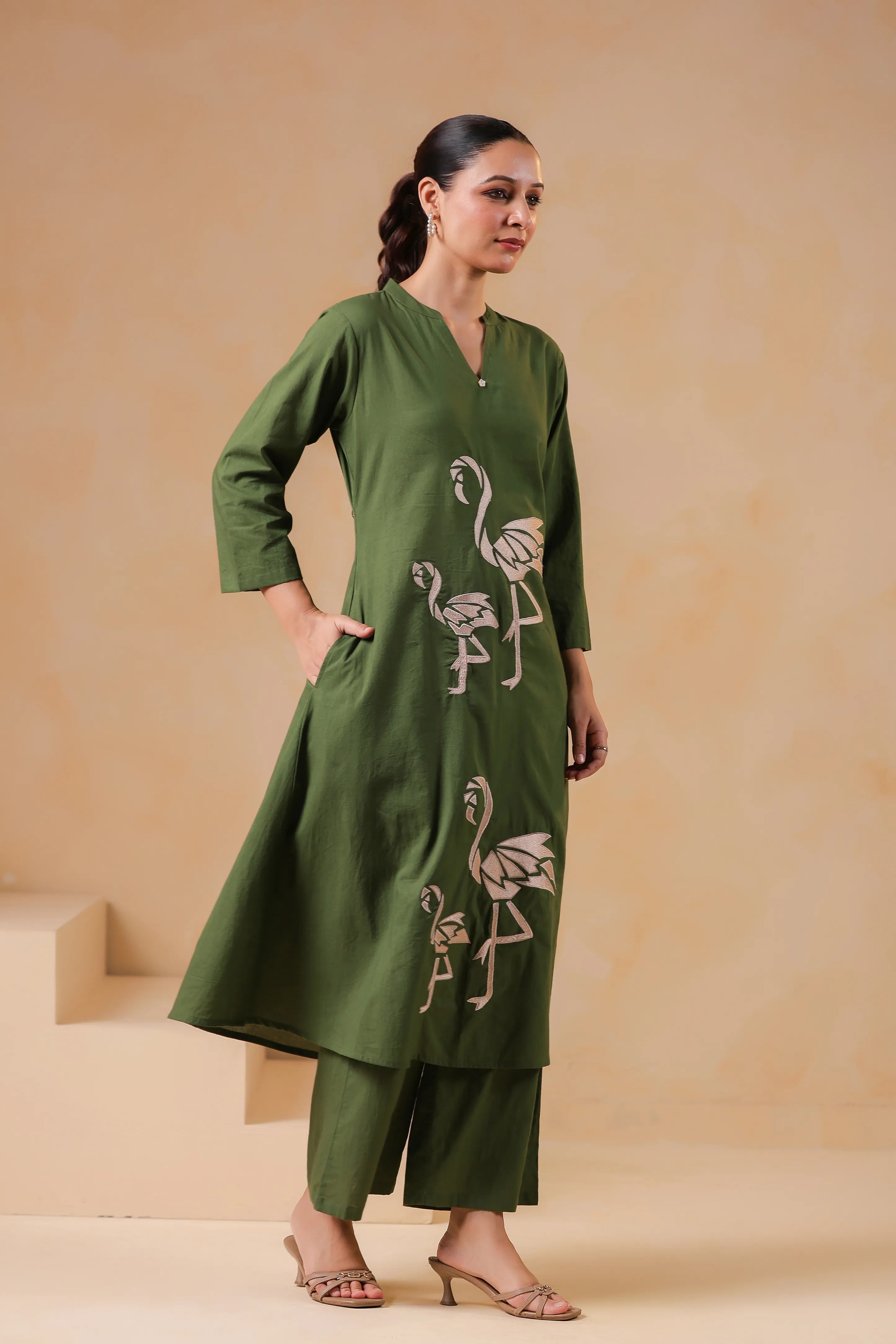 Emerald Base Flamingo Embroidered Cotton Kurta Set