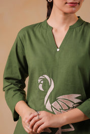 Emerald Base Flamingo Embroidered Cotton Kurta Set