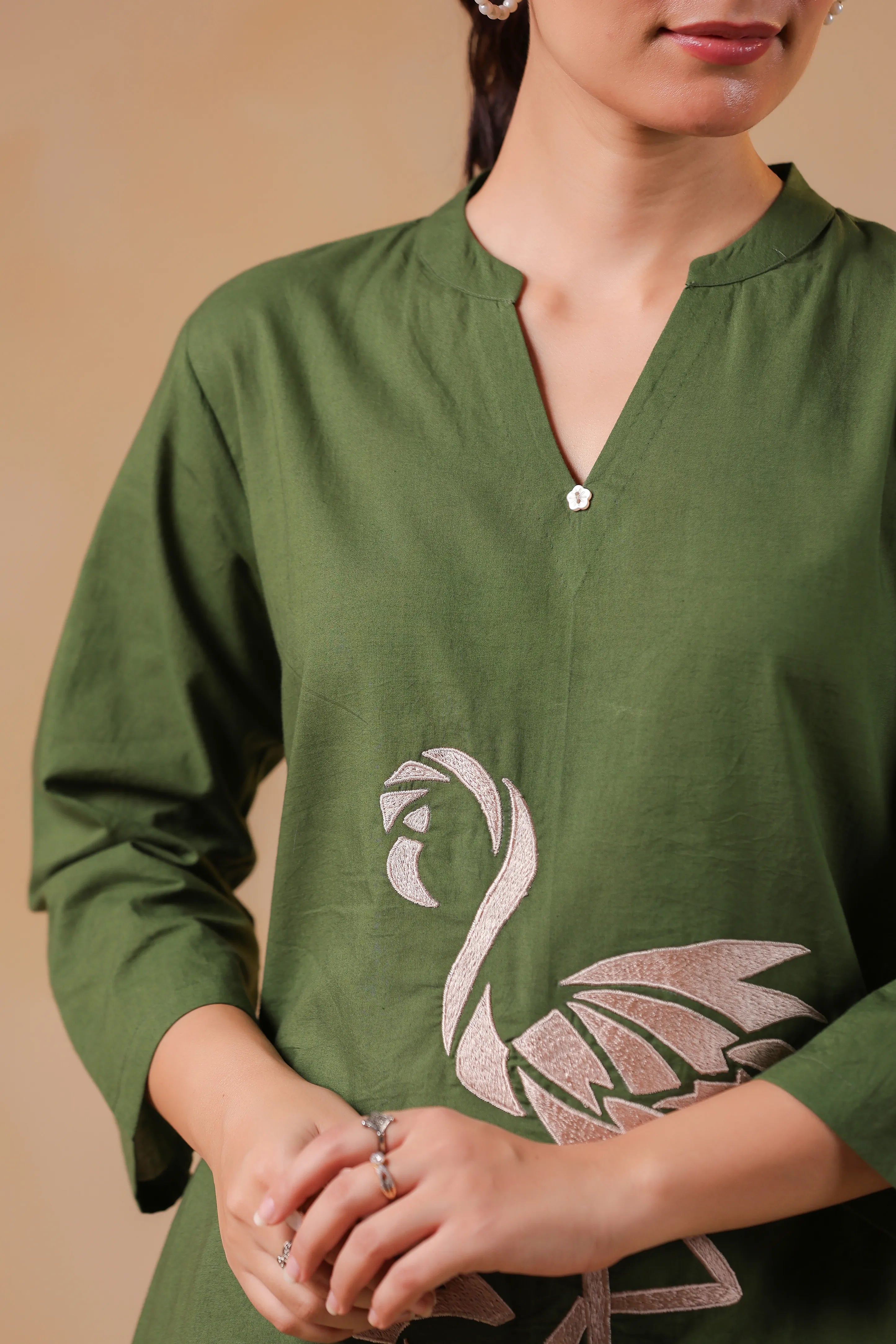 Emerald Base Flamingo Embroidered Cotton Kurta Set