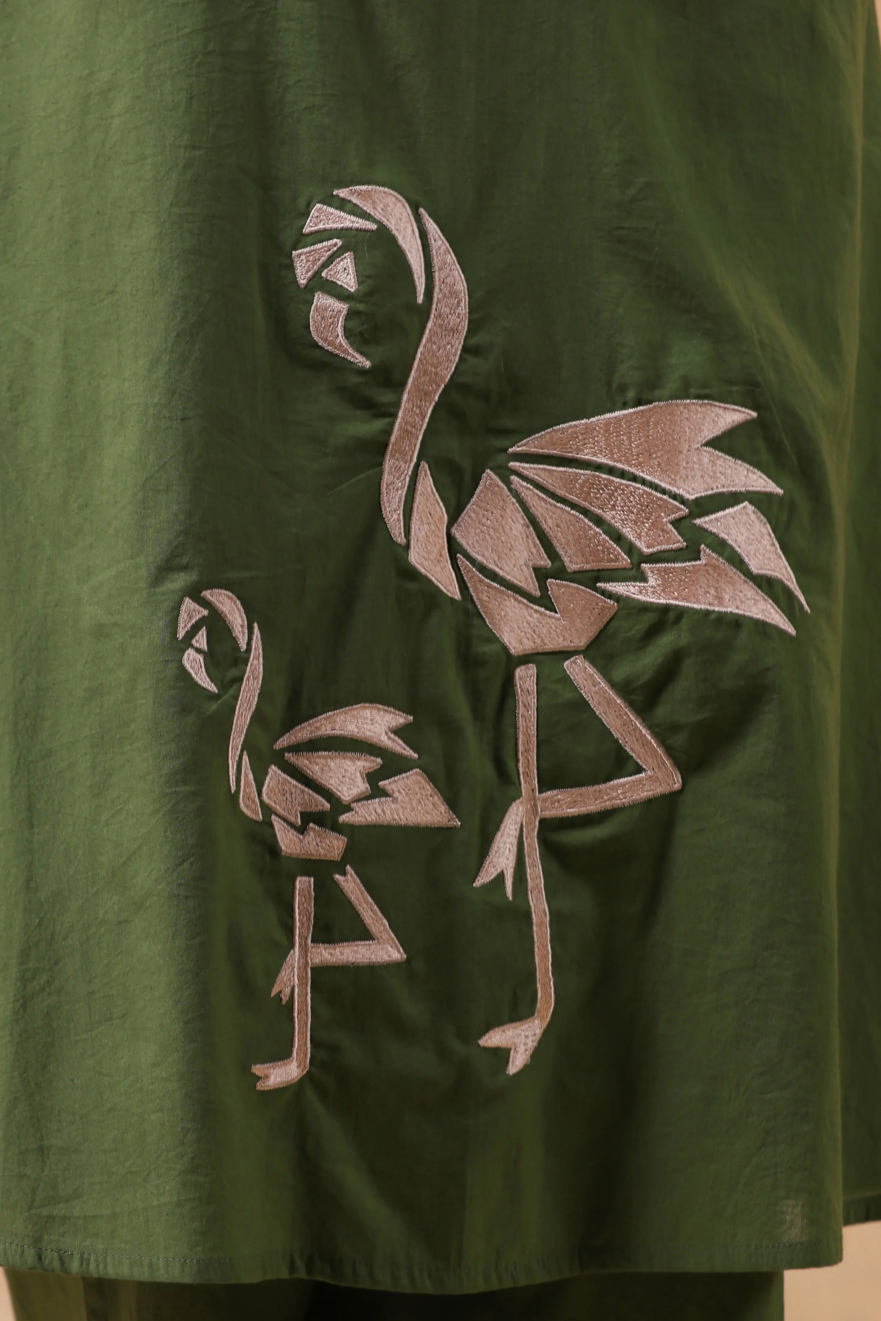Emerald Base Flamingo Embroidered Cotton Kurta Set