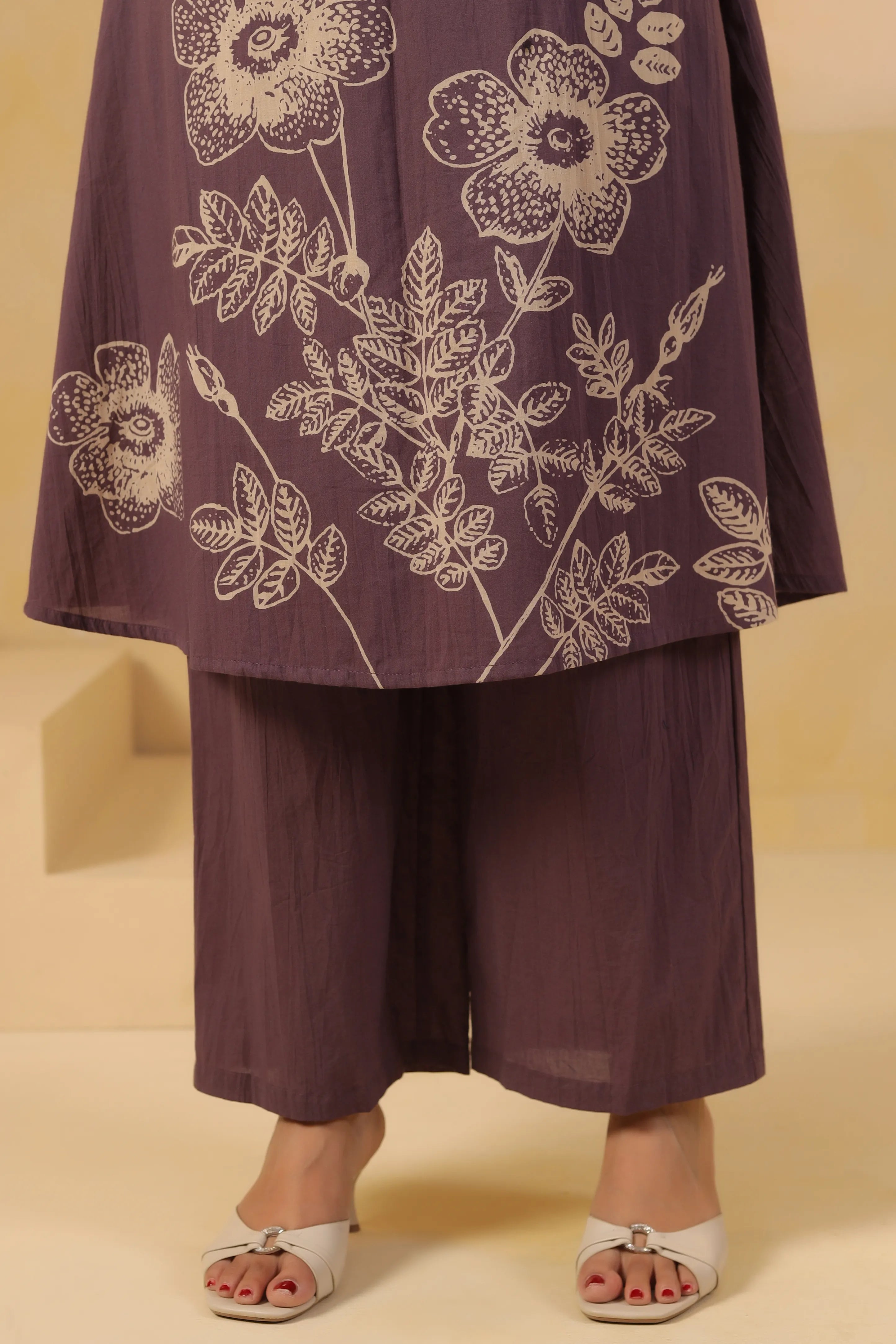 Purple Floral Motif Printed Cotton Kurta Set