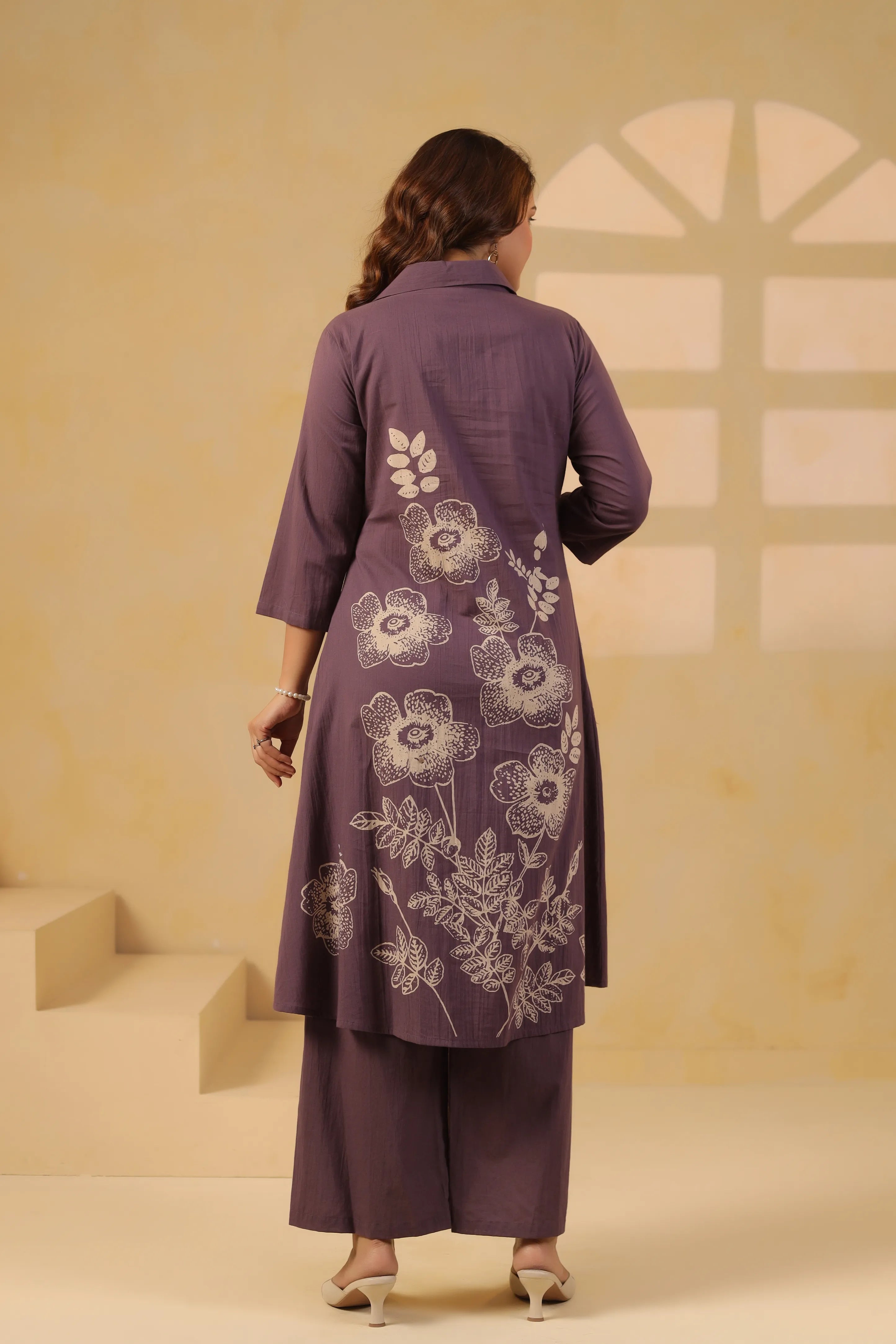 Purple Floral Motif Printed Cotton Kurta Set
