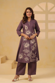 Purple Floral Motif Printed Cotton Kurta Set