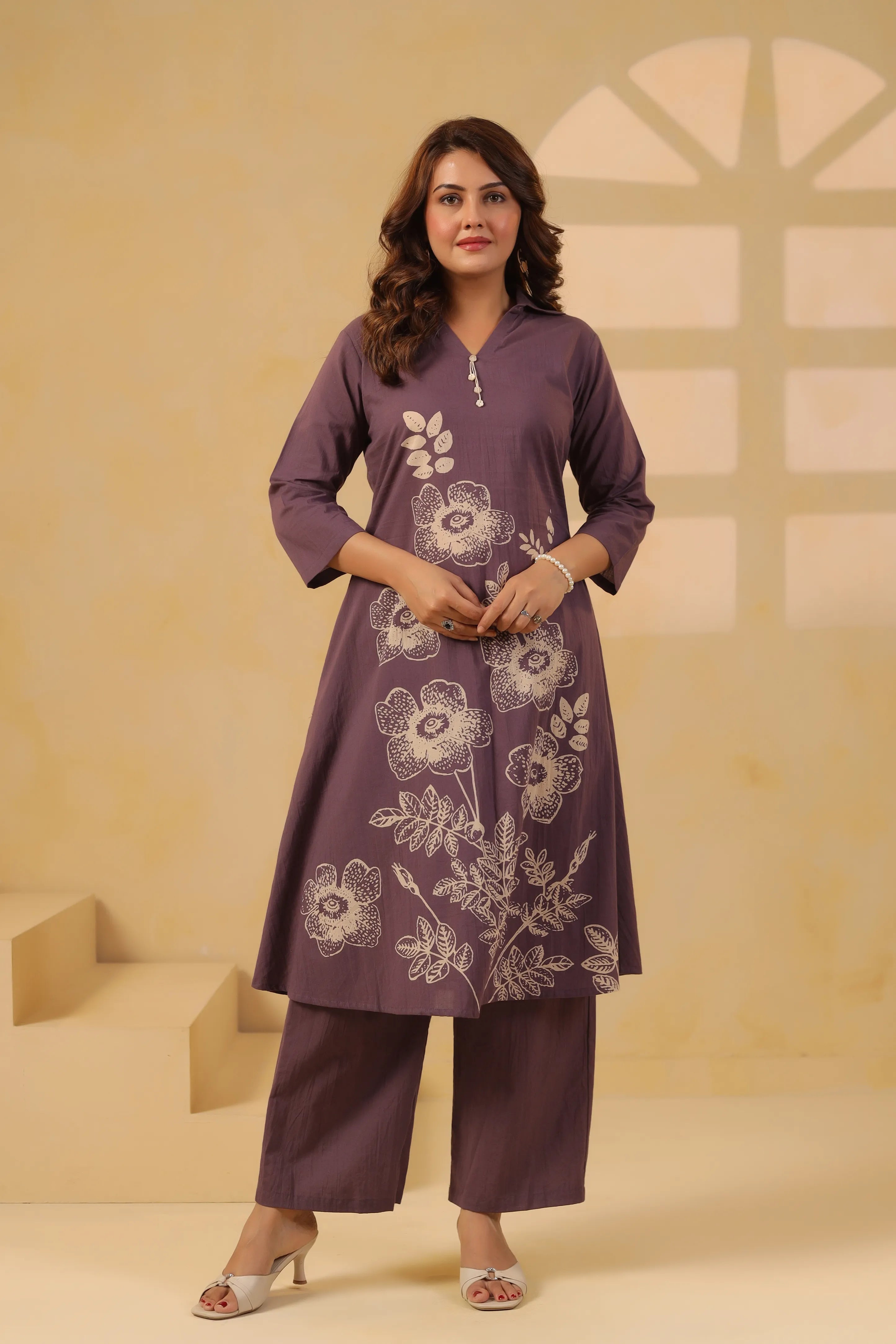 Purple Floral Motif Printed Cotton Kurta Set