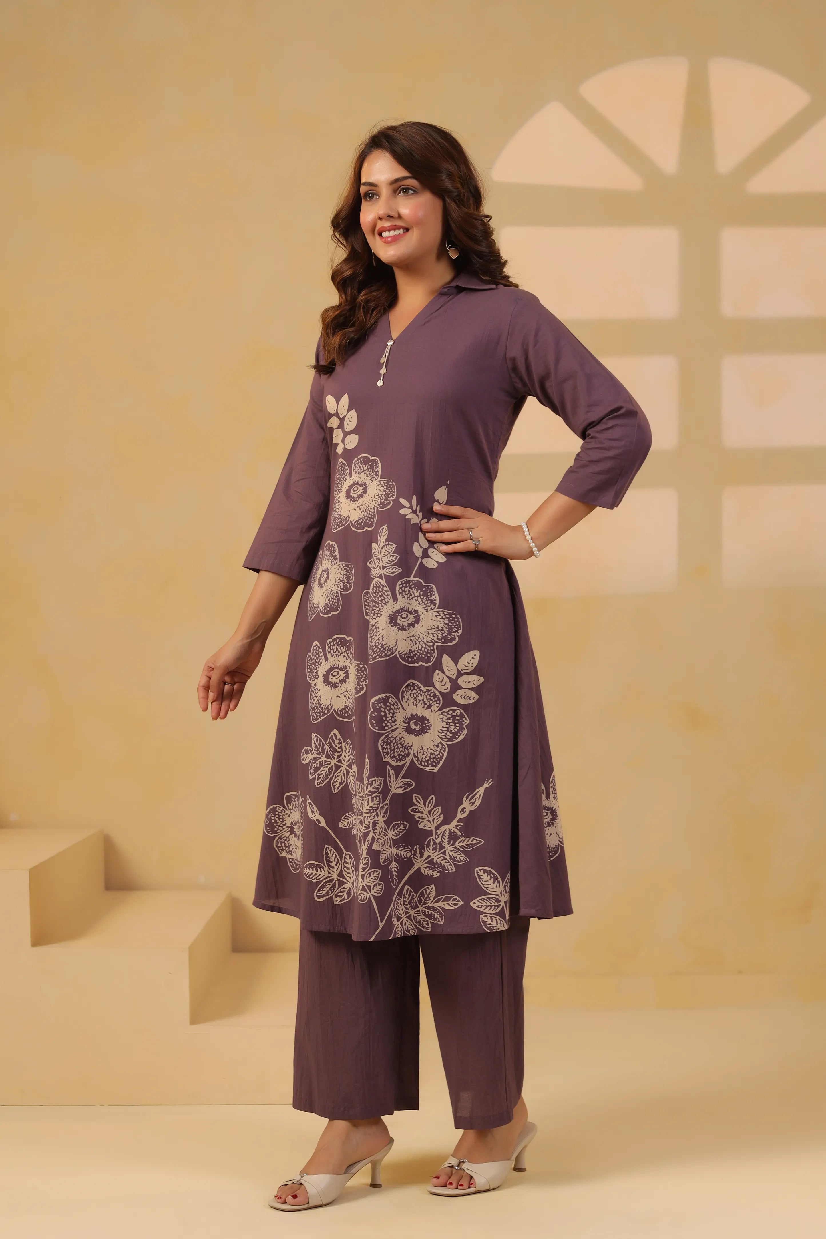 Purple Floral Motif Printed Cotton Kurta Set