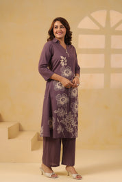 Purple Floral Motif Printed Cotton Kurta Set