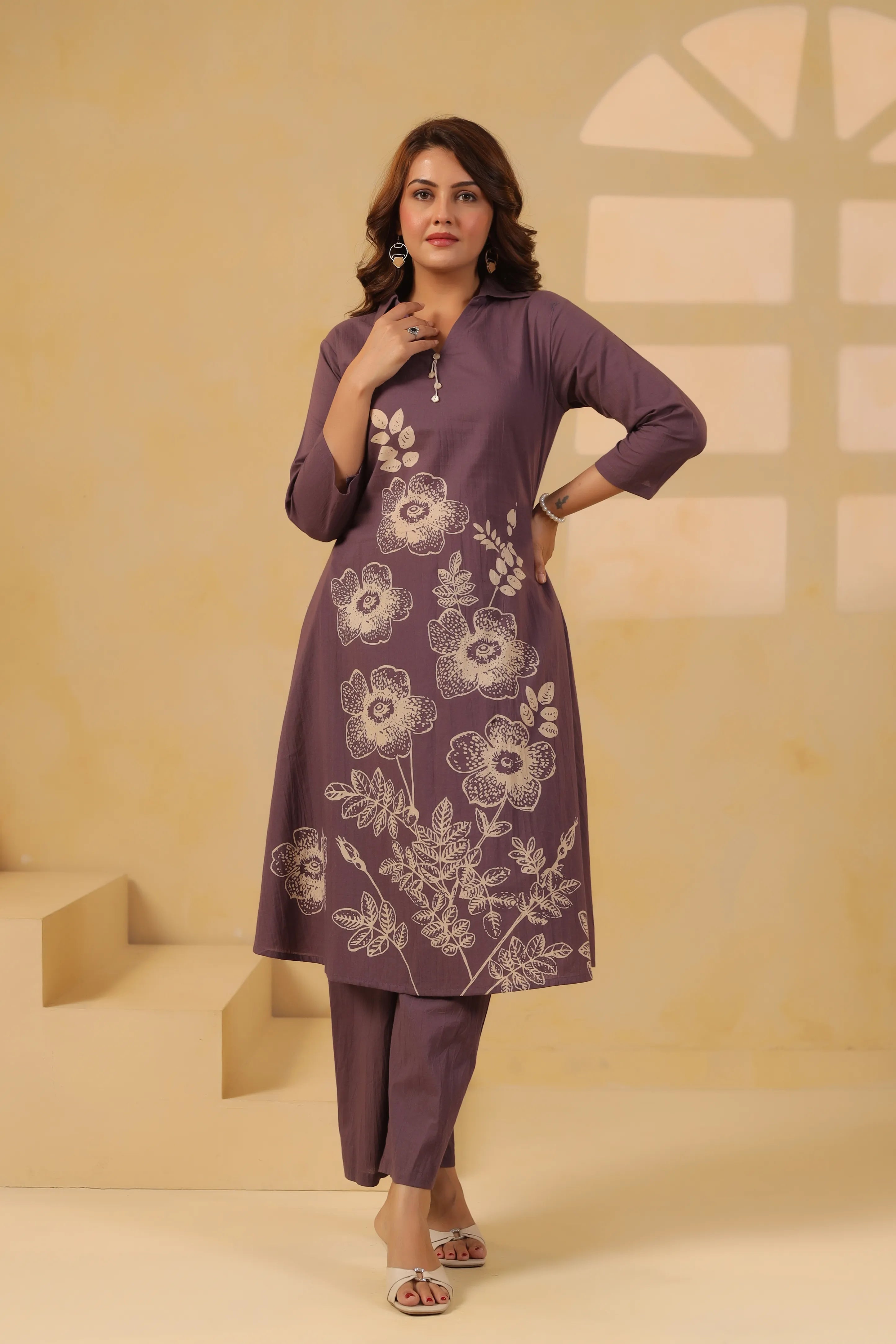 Purple Floral Motif Printed Cotton Kurta Set