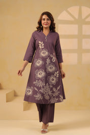 Purple Floral Motif Printed Cotton Kurta Set