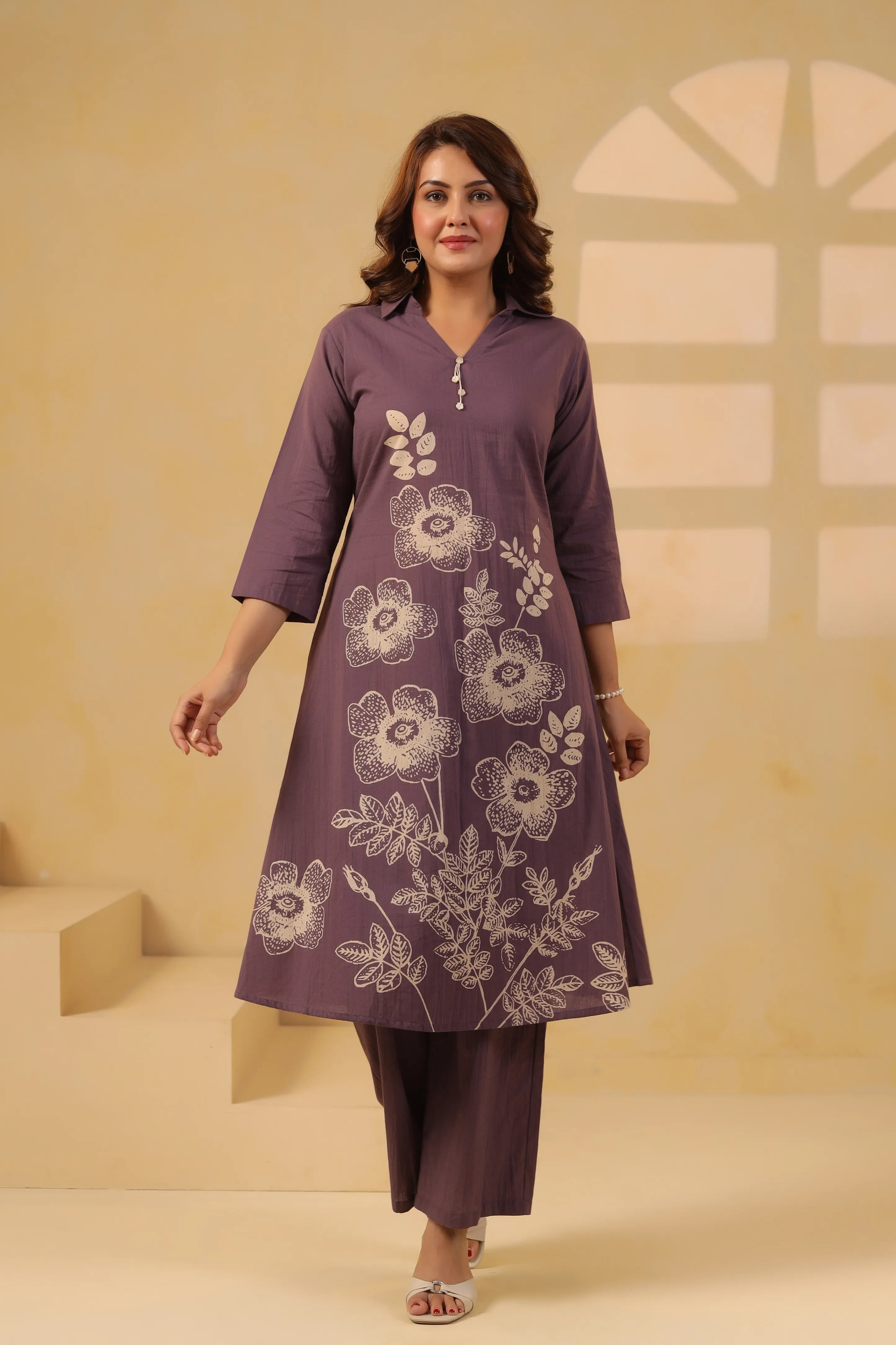Purple Floral Motif Printed Cotton Kurta Set
