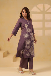 Purple Floral Motif Printed Cotton Kurta Set