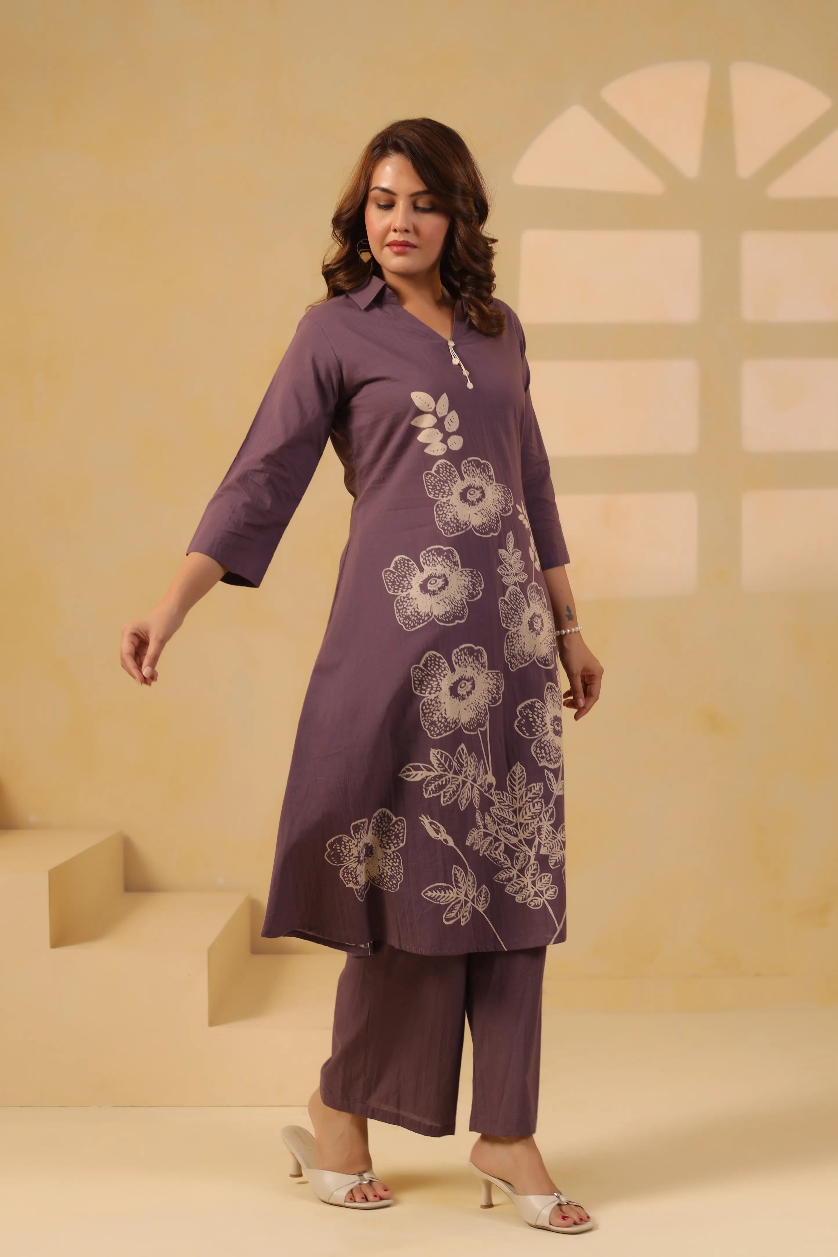 Purple Floral Motif Printed Cotton Kurta Set