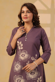 Purple Floral Motif Printed Cotton Kurta Set