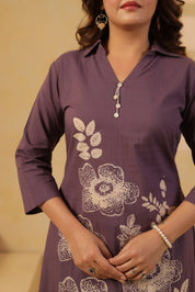 Purple Floral Motif Printed Cotton Kurta Set