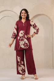 Wine Floral Printed Co-ord Set in Russian Silk