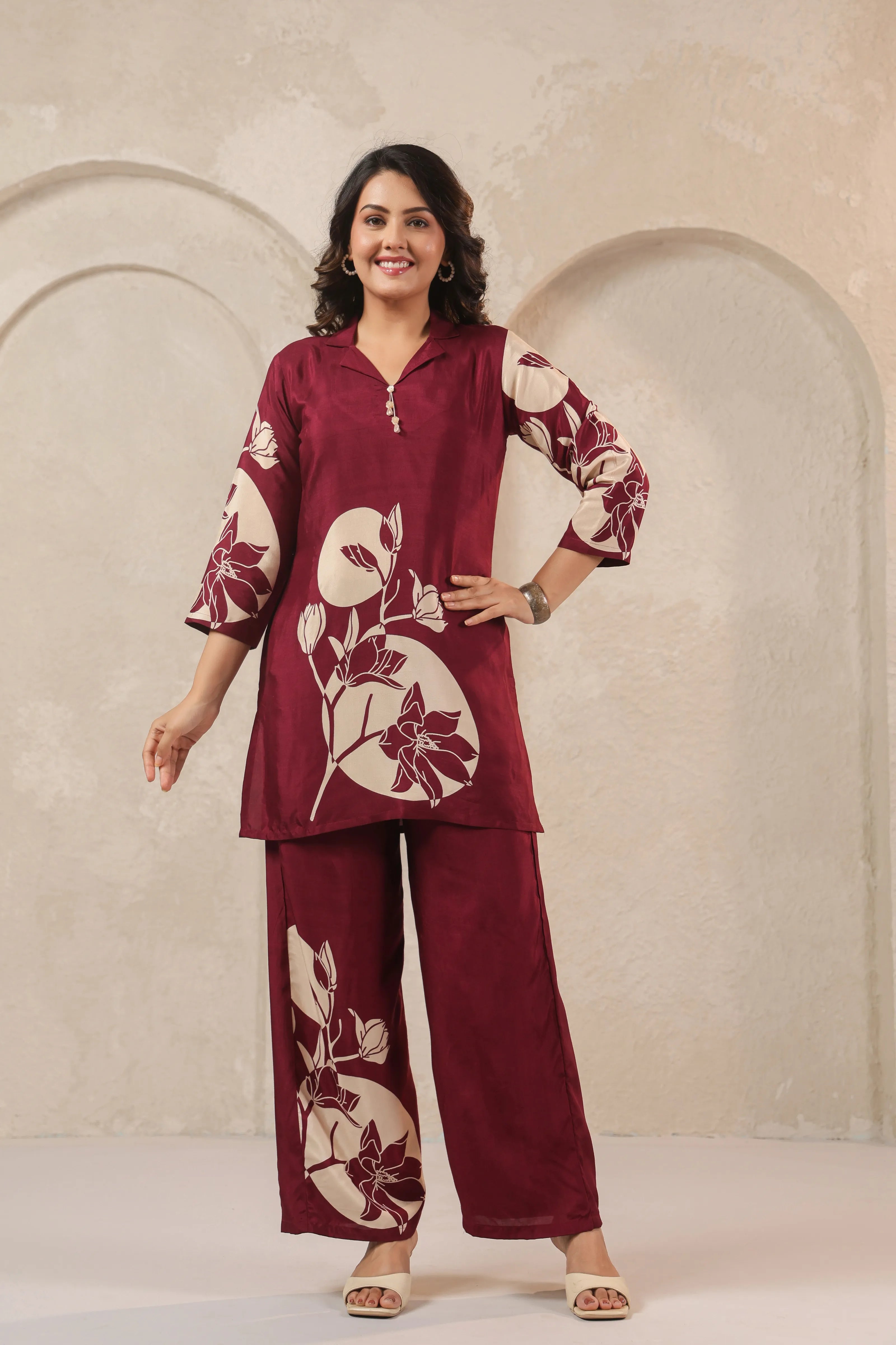 Wine Floral Printed Co-ord Set in Russian Silk
