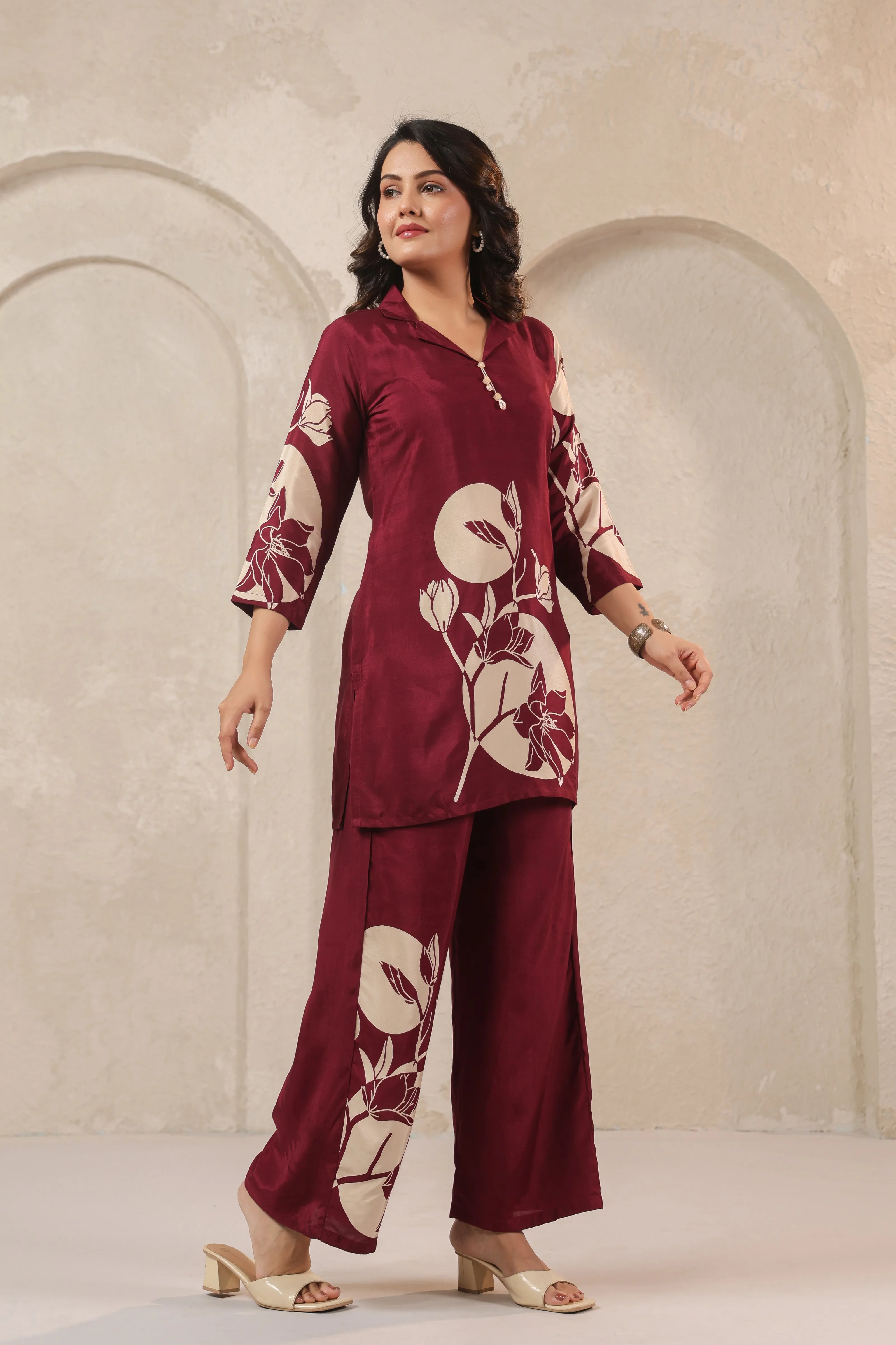 Wine Floral Printed Co-ord Set in Russian Silk