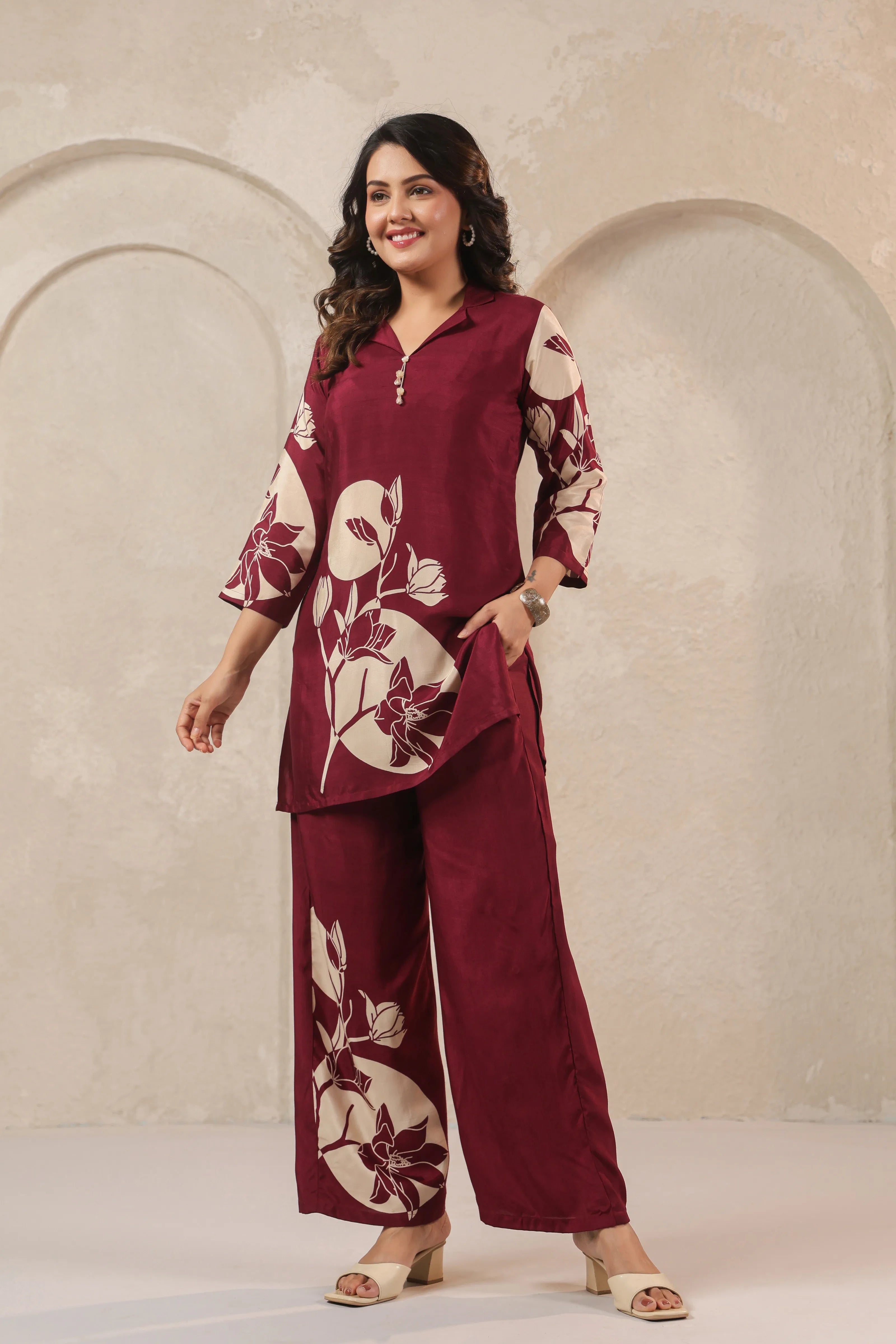 Wine Floral Printed Co-ord Set in Russian Silk