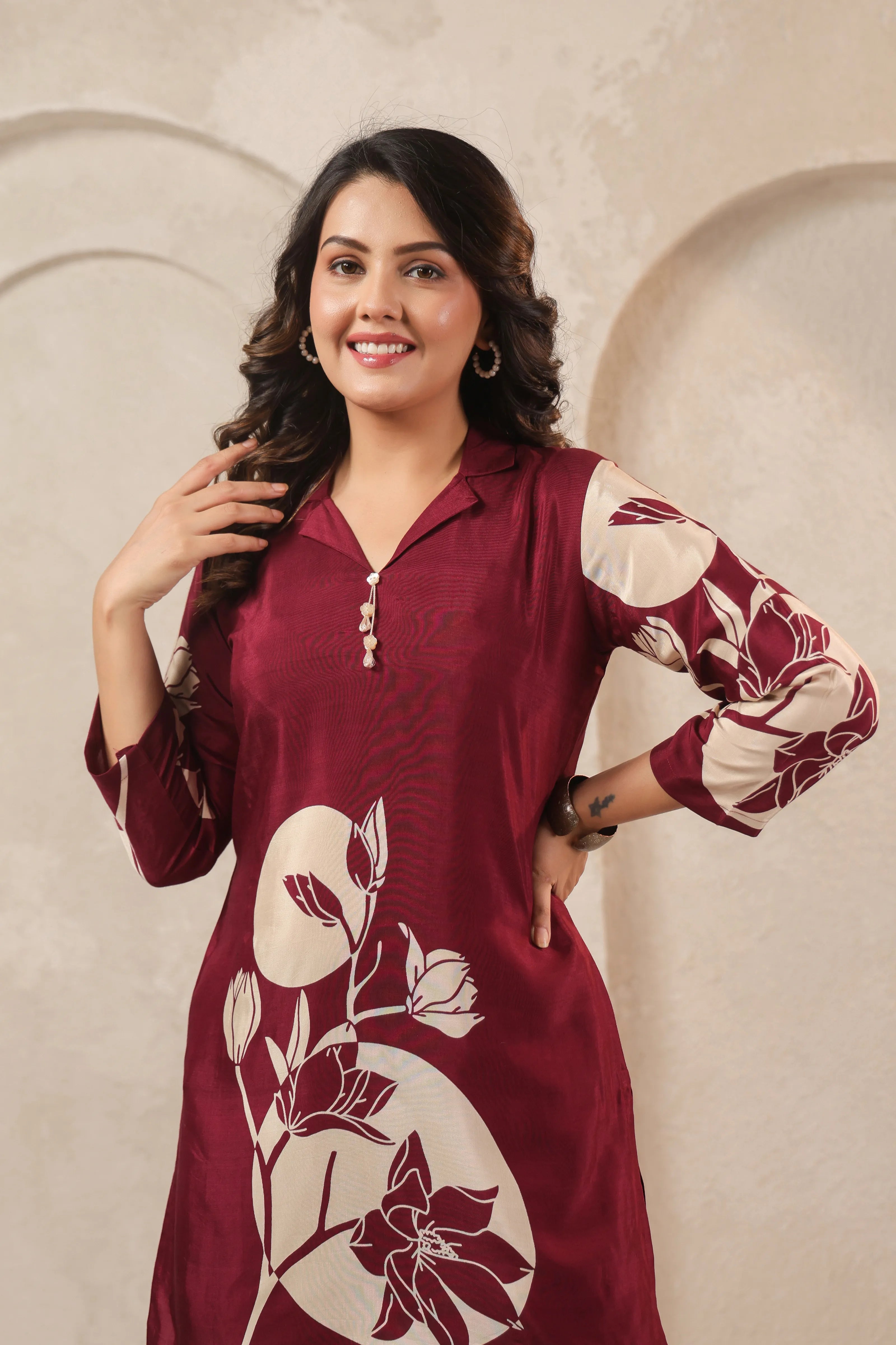 Wine Floral Printed Co-ord Set in Russian Silk