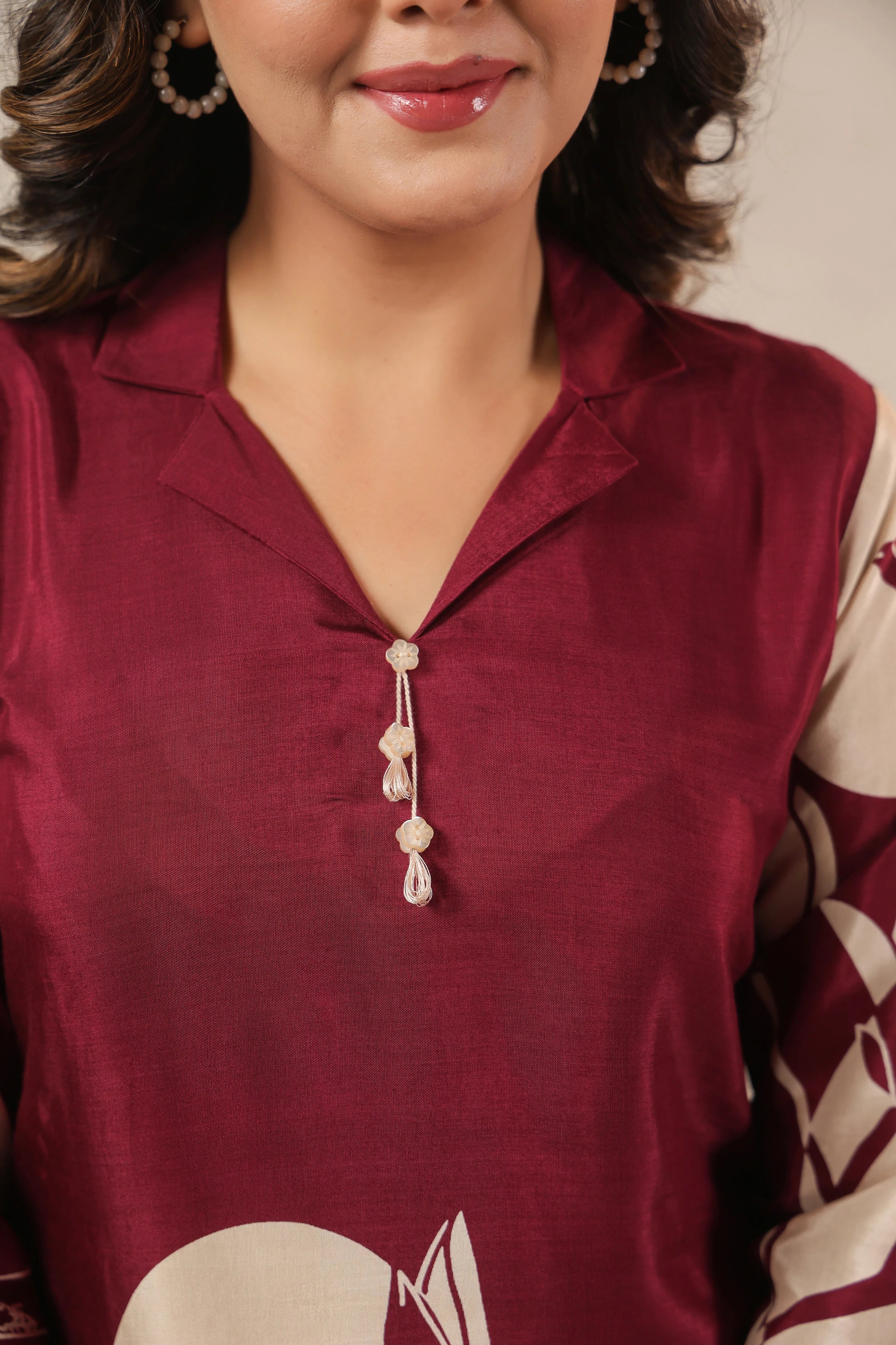 Wine Floral Printed Co-ord Set in Russian Silk