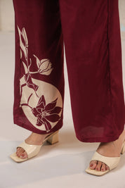 Wine Floral Printed Co-ord Set in Russian Silk