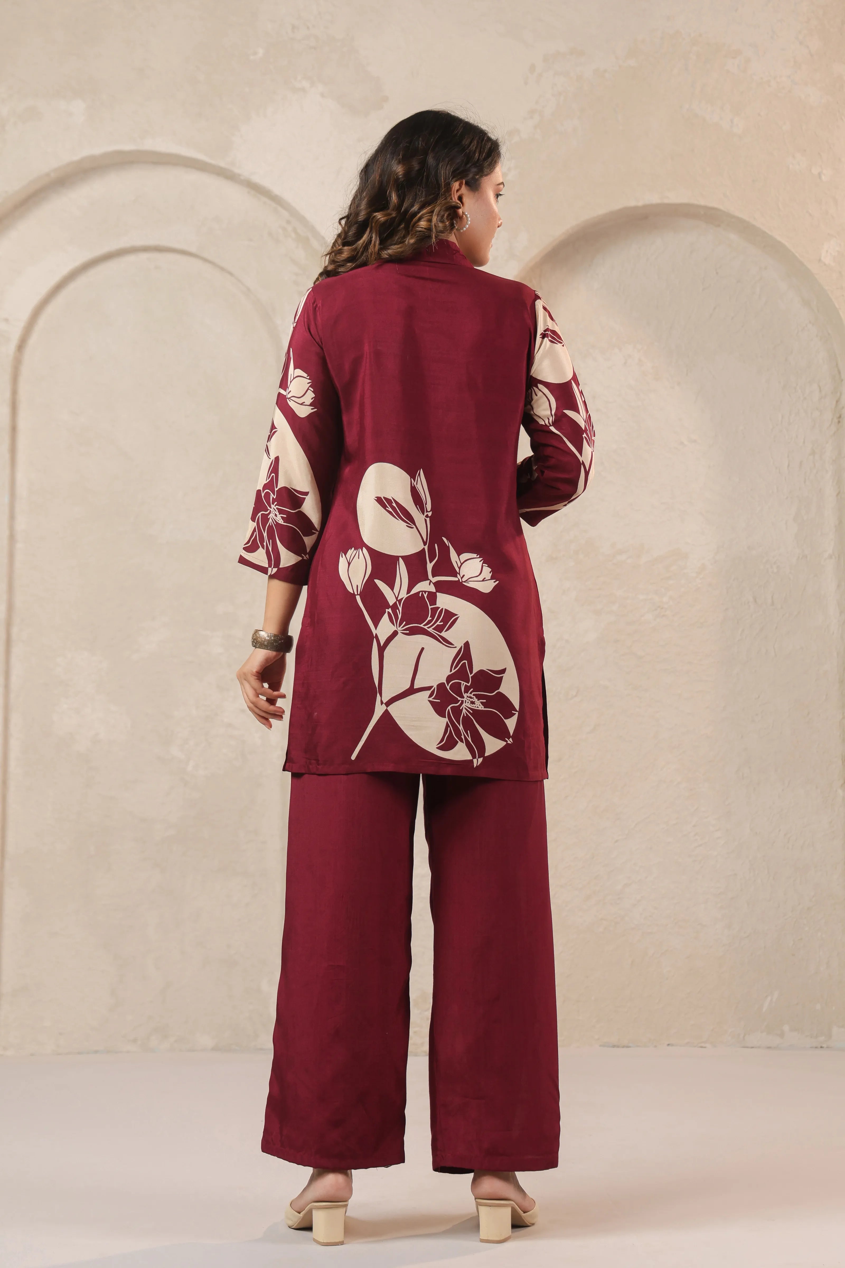 Wine Floral Printed Co-ord Set in Russian Silk