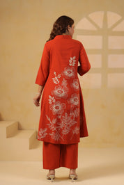 Rust Bold Floral Motif Printed Cotton Kurta Set