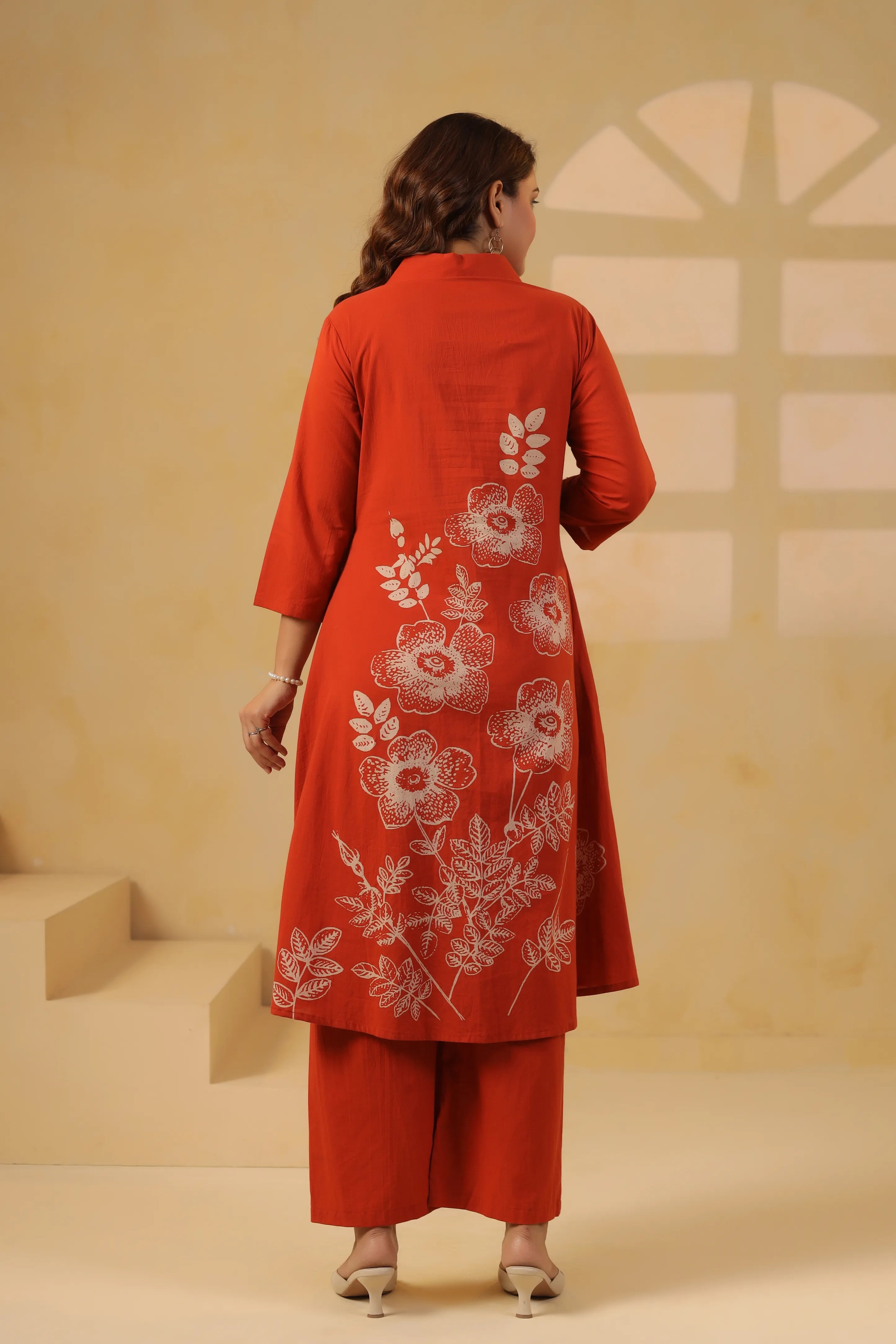 Rust Bold Floral Motif Printed Cotton Kurta Set