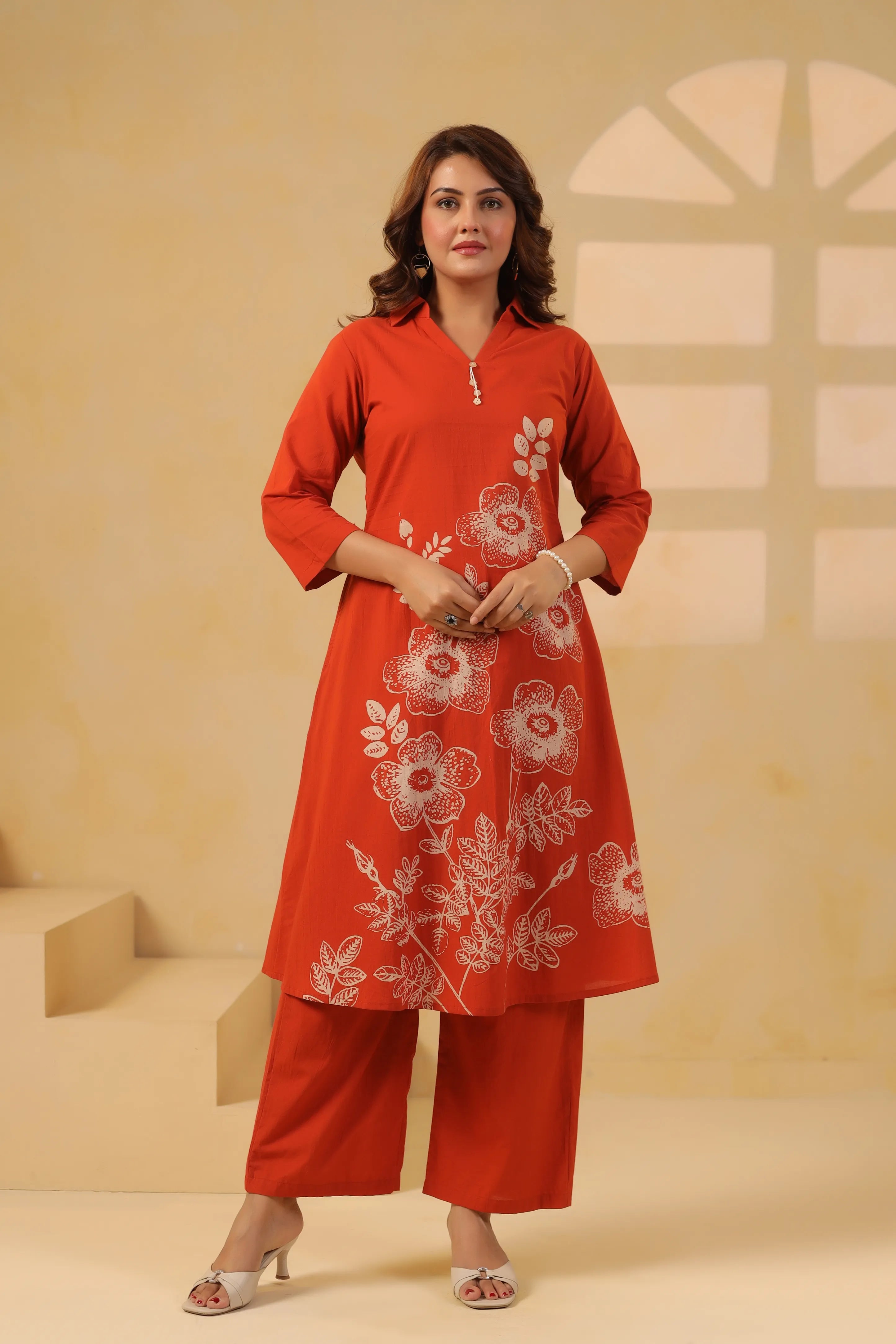 Rust Bold Floral Motif Printed Cotton Kurta Set