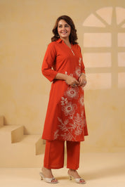 Rust Bold Floral Motif Printed Cotton Kurta Set