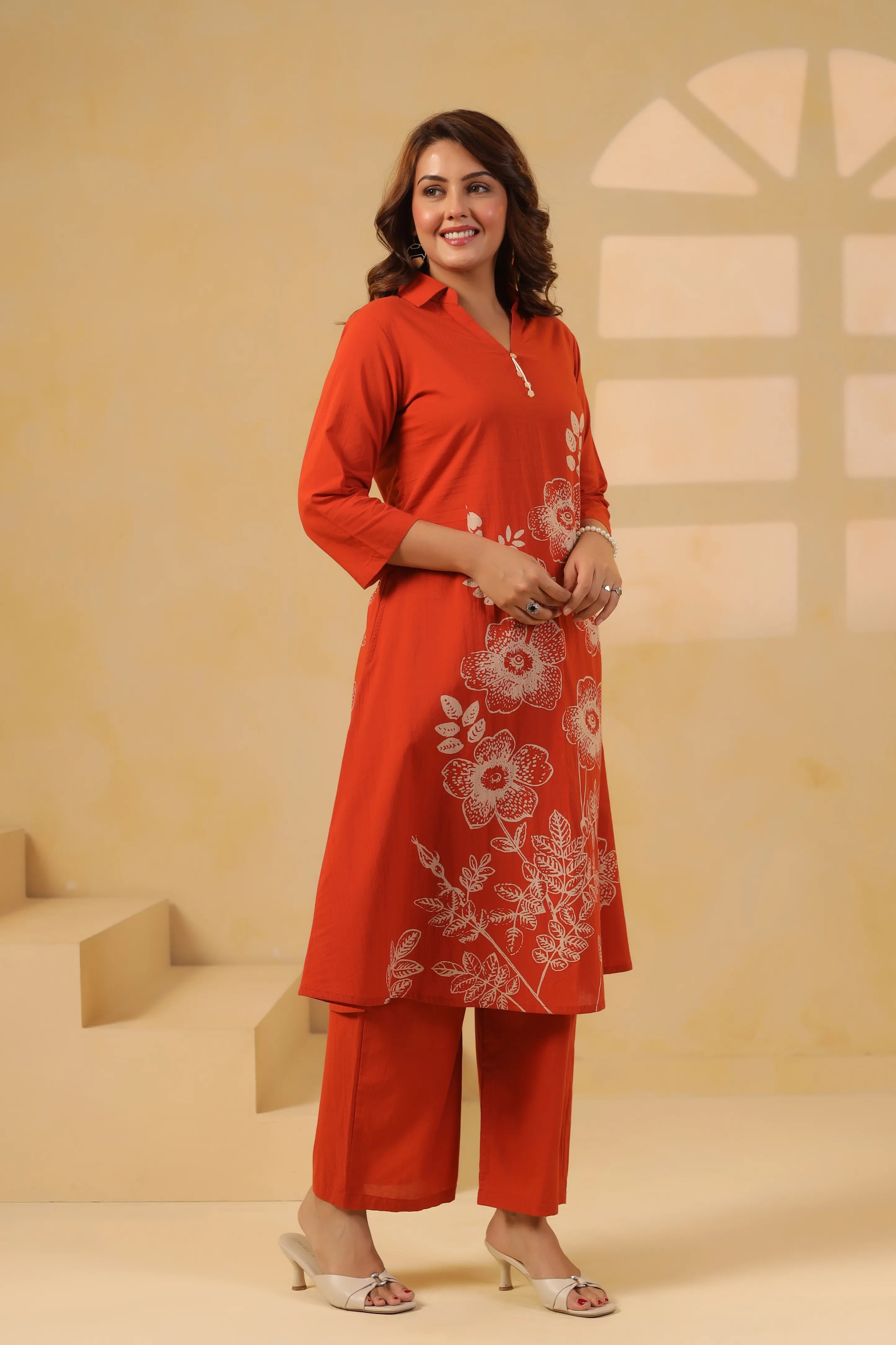 Rust Bold Floral Motif Printed Cotton Kurta Set