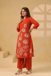 Rust Bold Floral Motif Printed Cotton Kurta Set