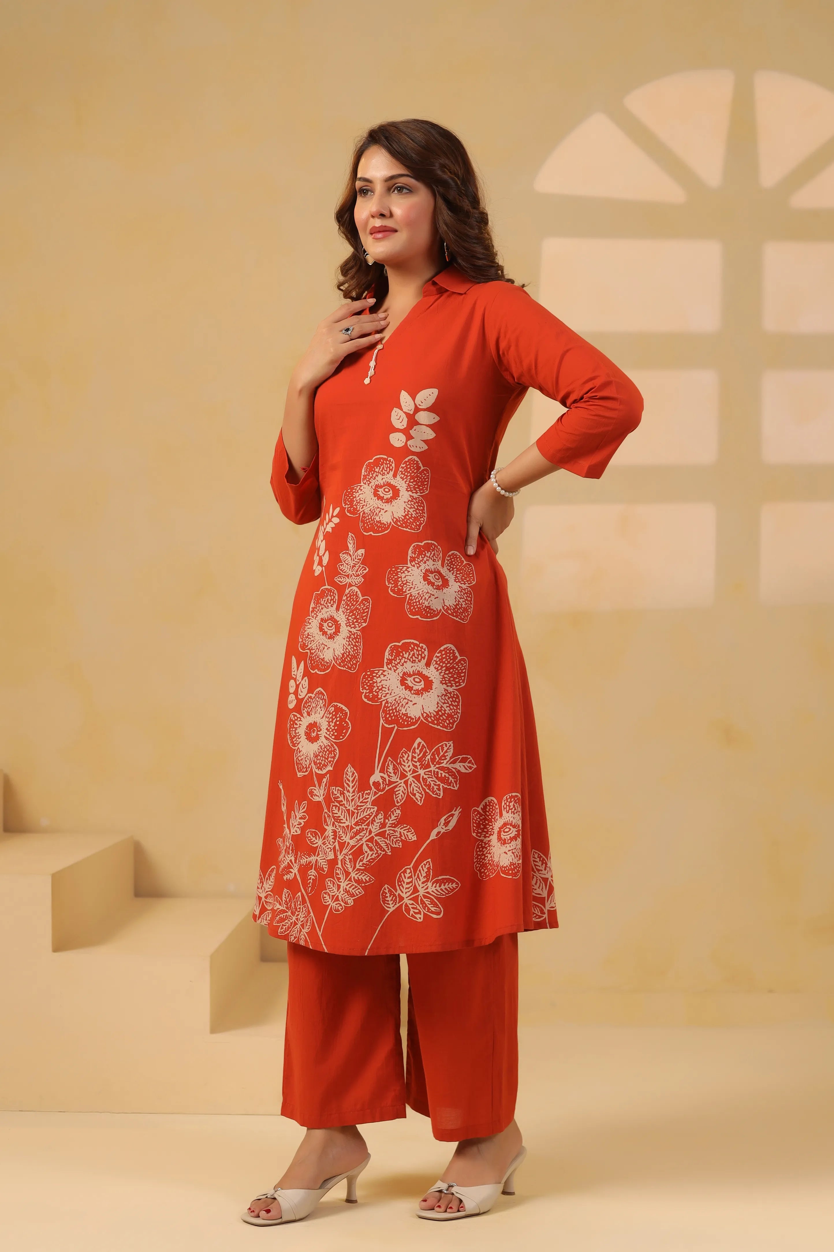 Rust Bold Floral Motif Printed Cotton Kurta Set