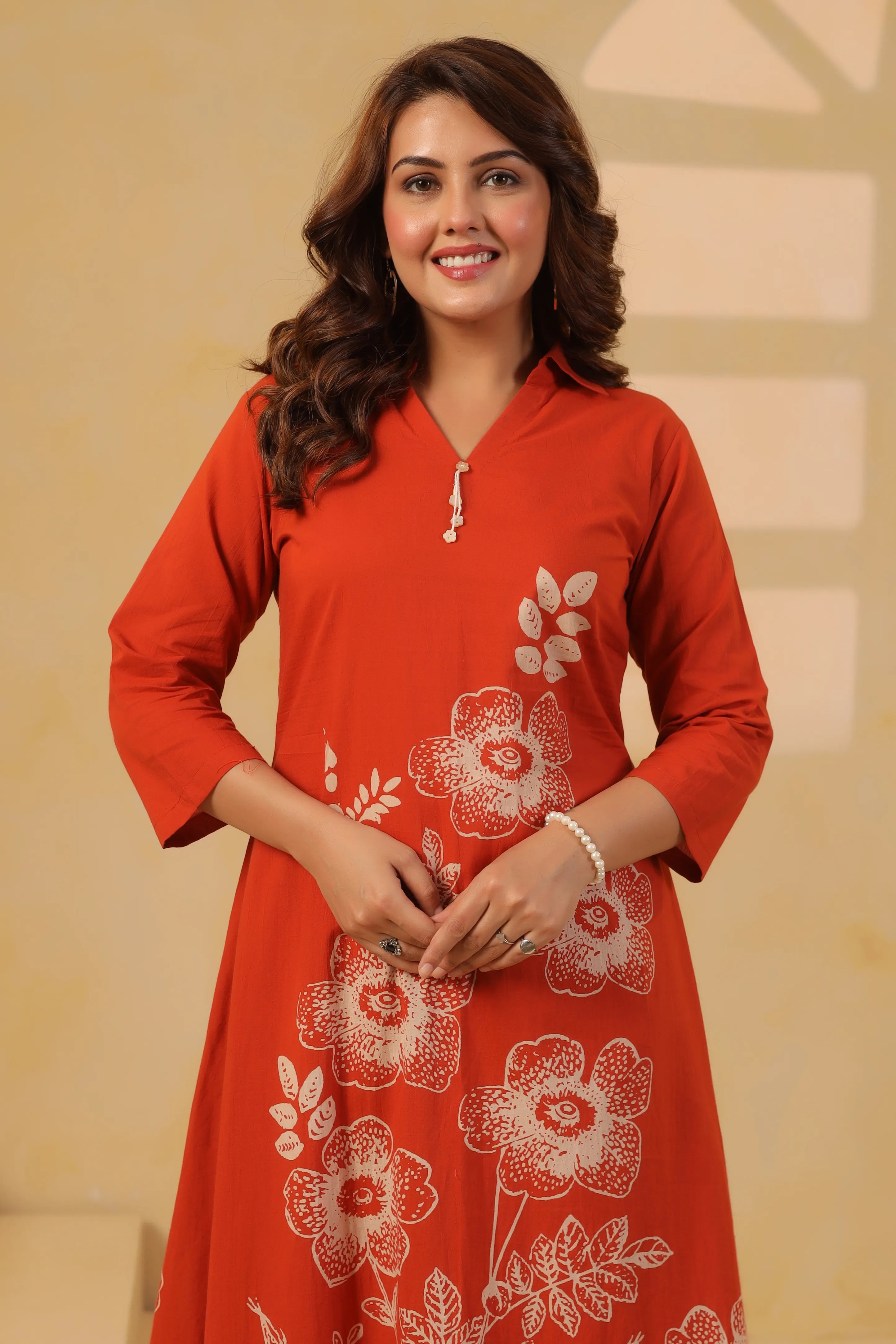 Rust Bold Floral Motif Printed Cotton Kurta Set