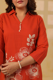 Rust Bold Floral Motif Printed Cotton Kurta Set