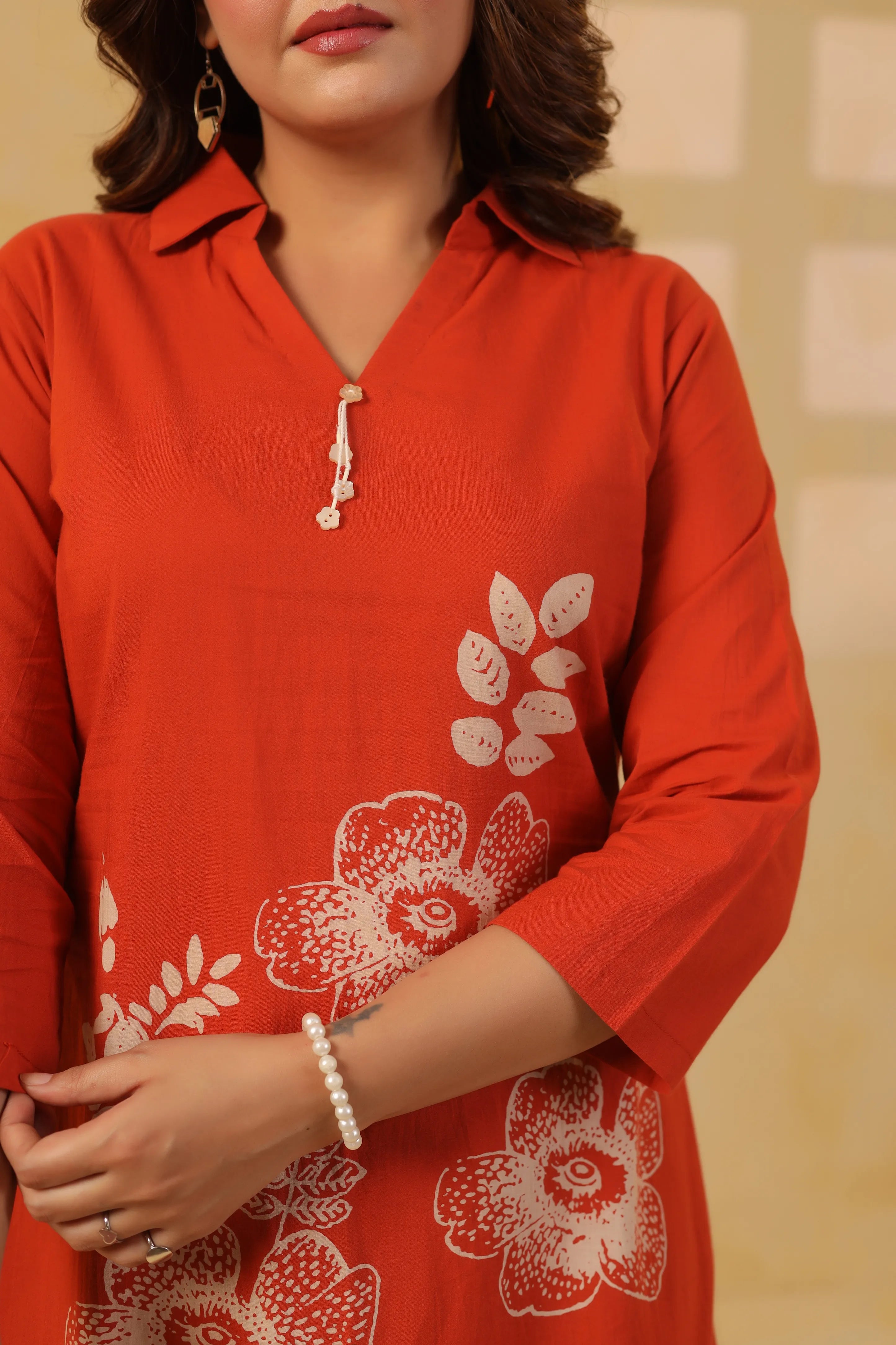 Rust Bold Floral Motif Printed Cotton Kurta Set