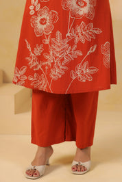 Rust Bold Floral Motif Printed Cotton Kurta Set
