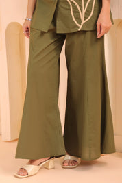 Mehandi Green Cotton Co-Ord Set with Rosebud Embroidery