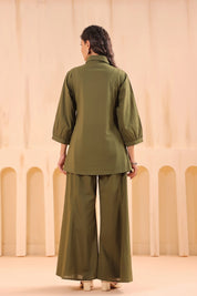 Mehandi Green Cotton Co-Ord Set with Rosebud Embroidery