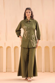 Mehandi Green Cotton Co-Ord Set with Rosebud Embroidery
