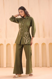 Mehandi Green Cotton Co-Ord Set with Rosebud Embroidery