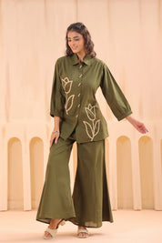 Mehandi Green Cotton Co-Ord Set with Rosebud Embroidery