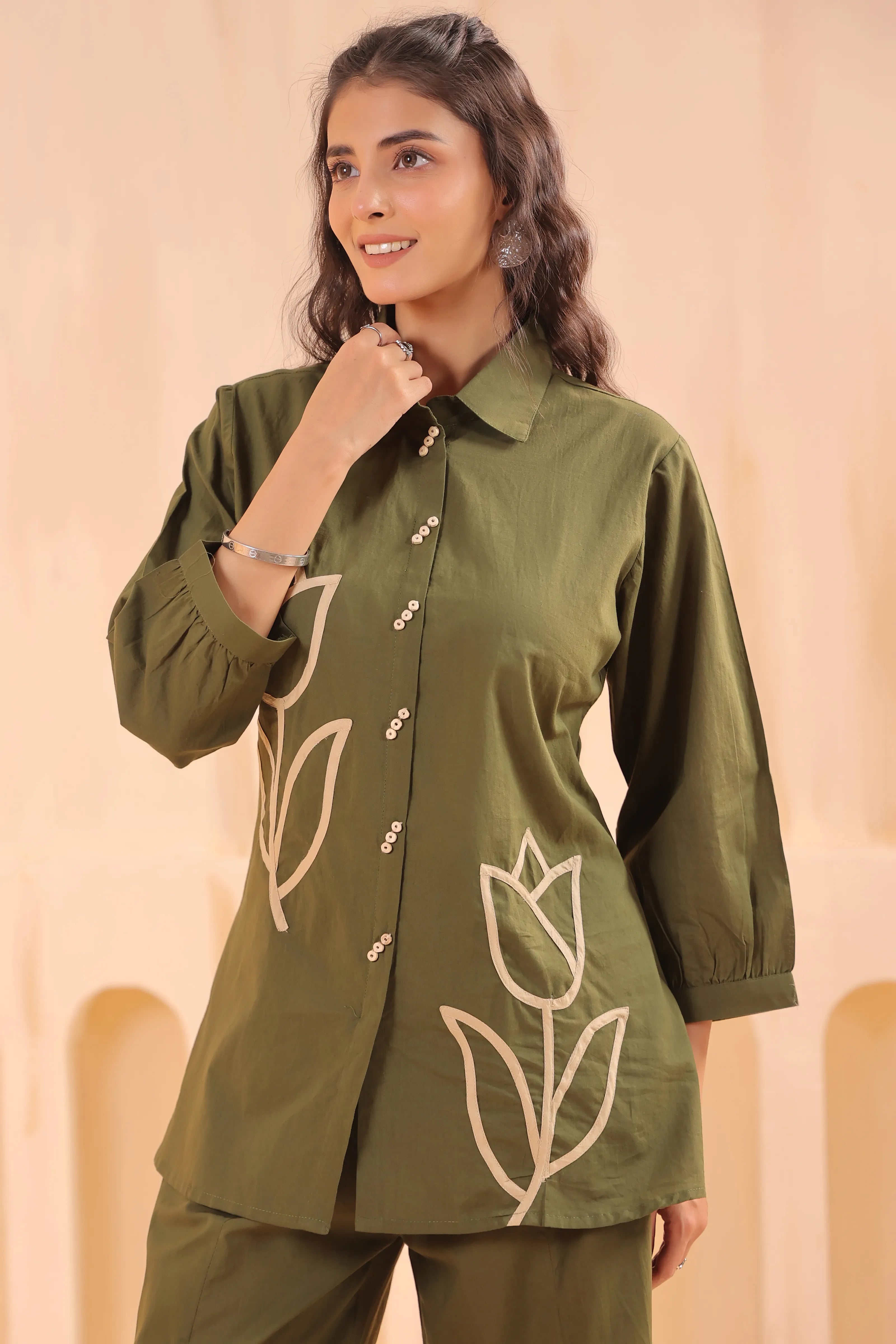 Mehandi Green Cotton Co-Ord Set with Rosebud Embroidery