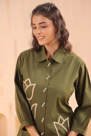 Mehandi Green Cotton Co-Ord Set with Rosebud Embroidery