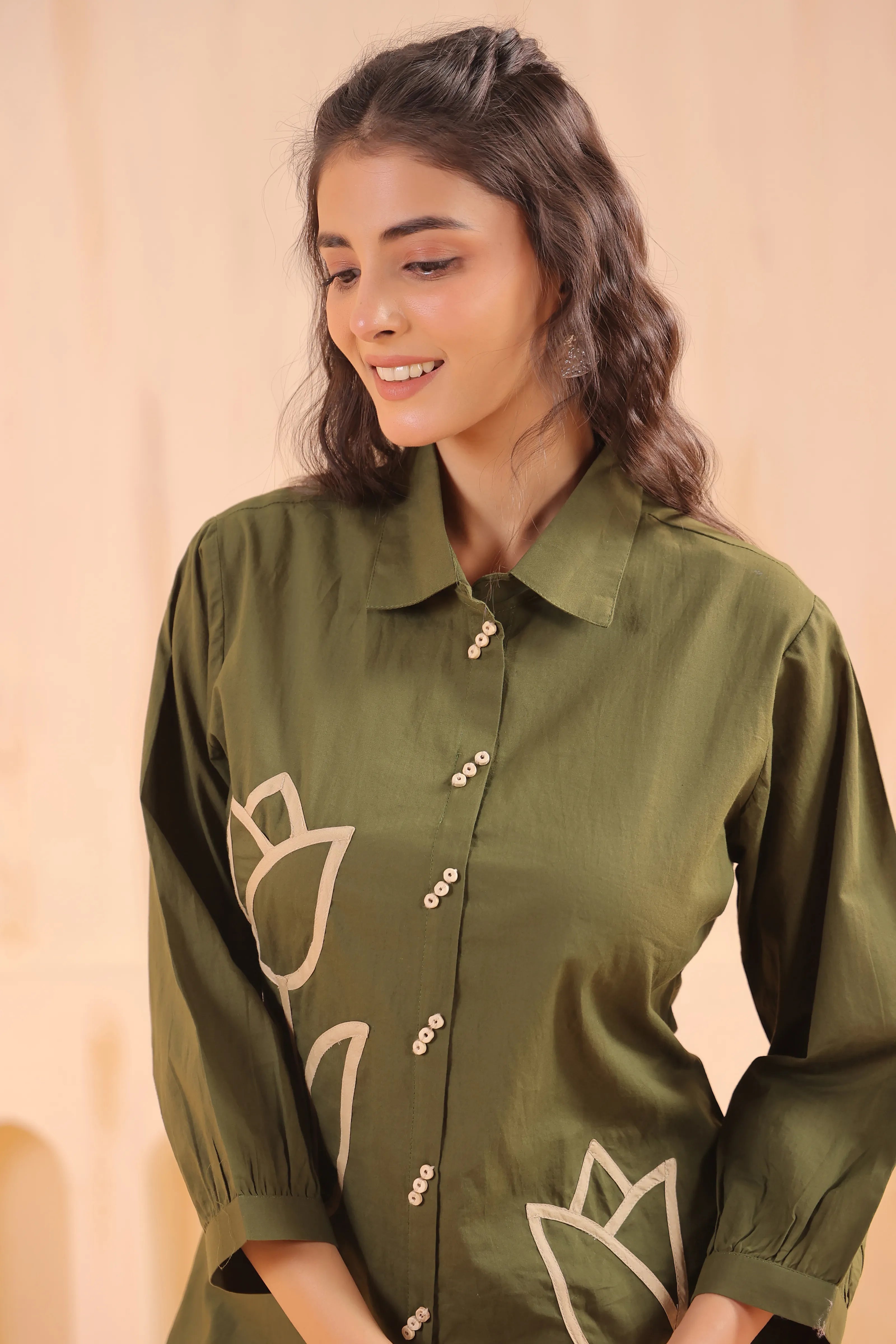 Mehandi Green Cotton Co-Ord Set with Rosebud Embroidery