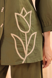 Mehandi Green Cotton Co-Ord Set with Rosebud Embroidery