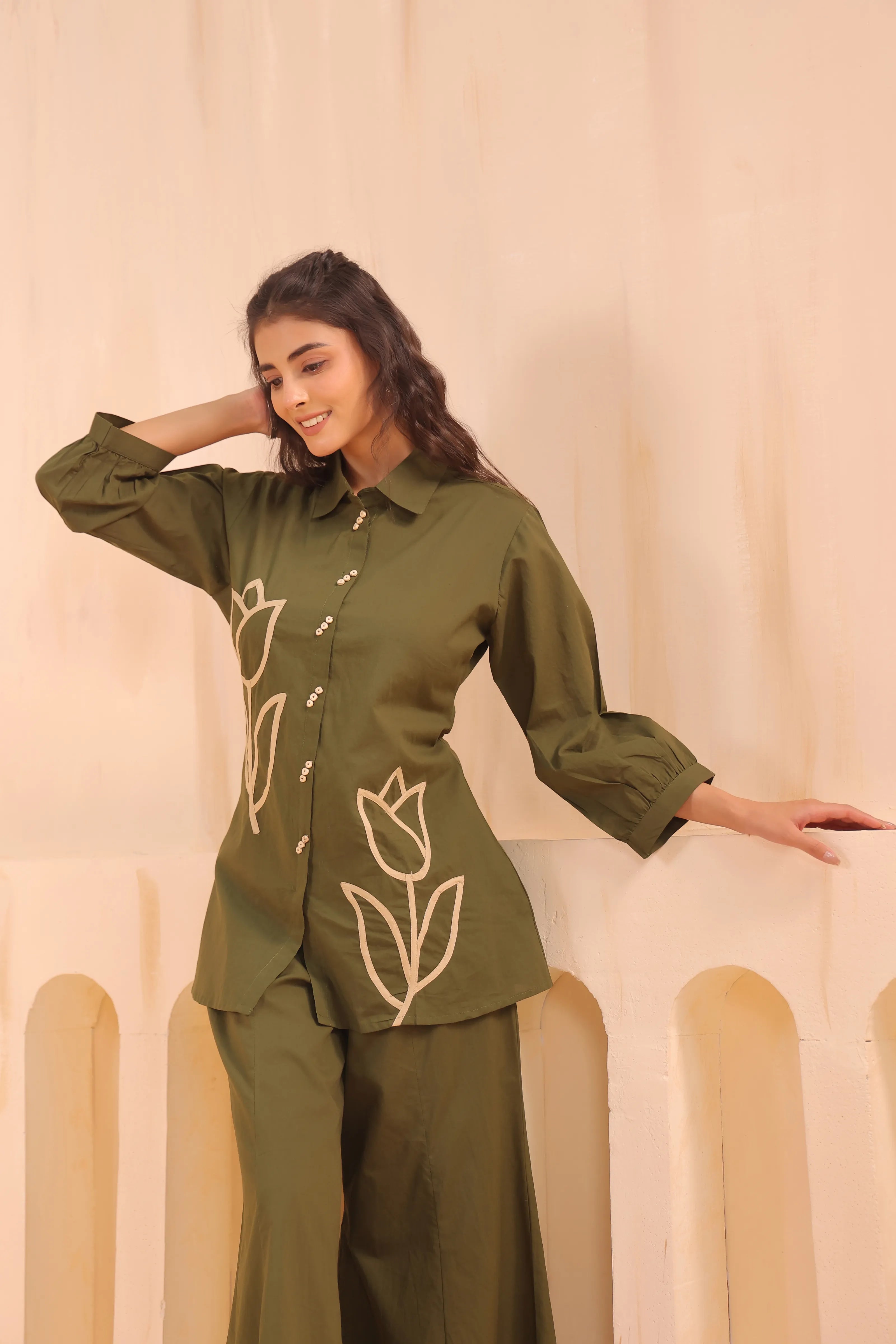 Mehandi Green Cotton Co-Ord Set with Rosebud Embroidery