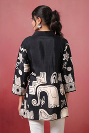 Black Abstract Printed Russian Silk Tunic with Tassel Detail