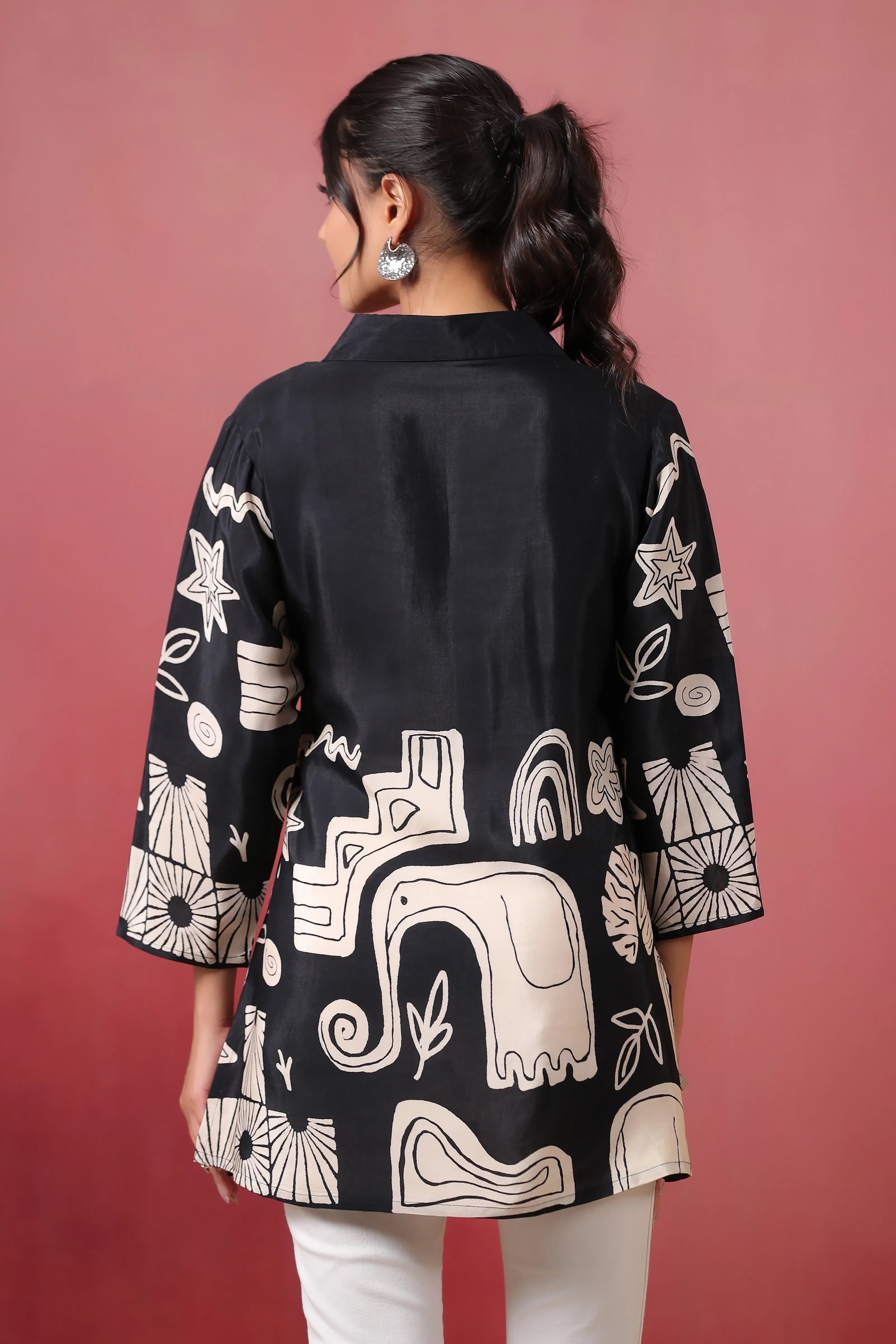 Black Abstract Printed Russian Silk Tunic with Tassel Detail