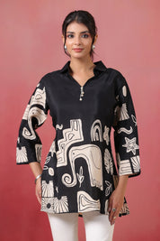 Black Abstract Printed Russian Silk Tunic with Tassel Detail