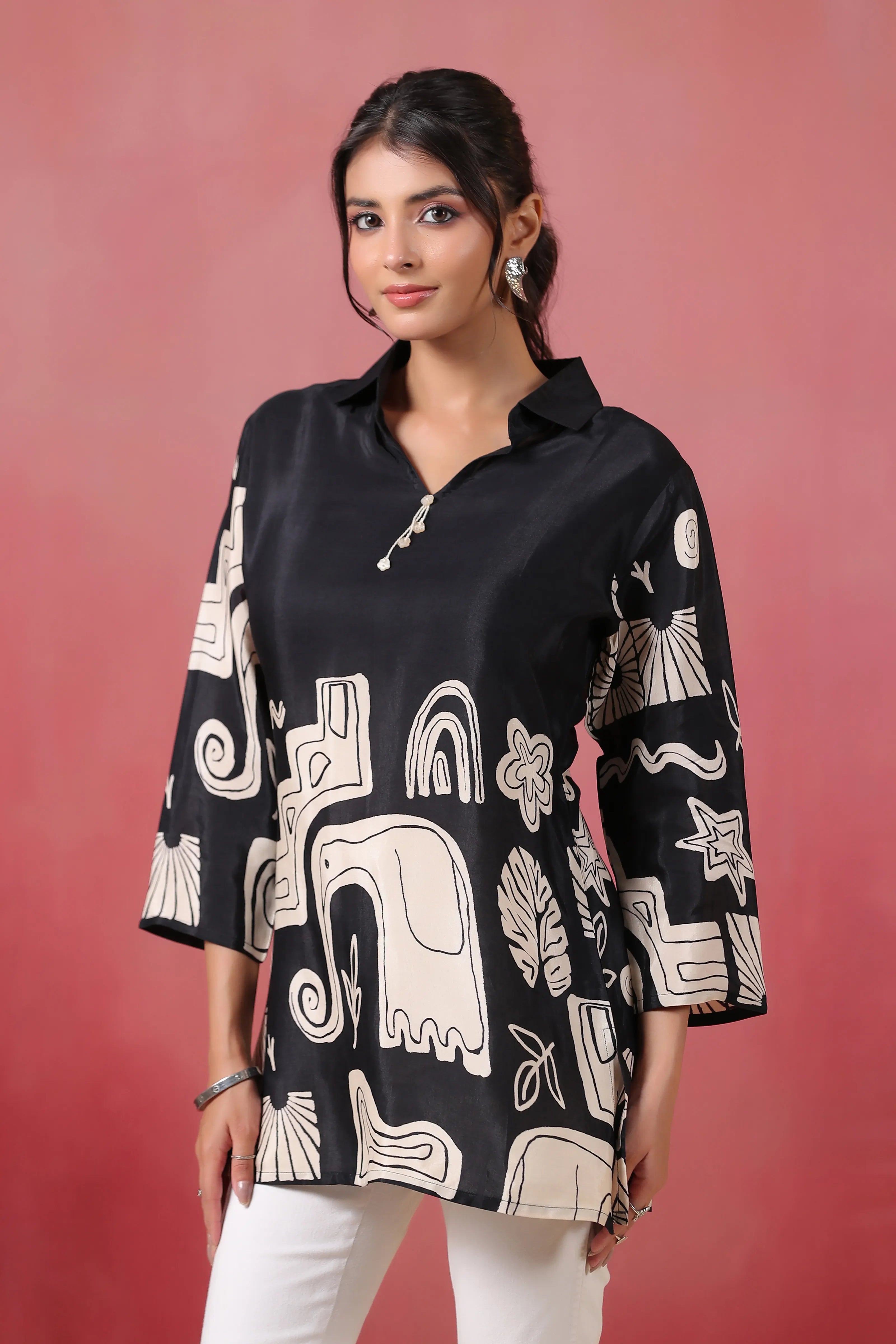 Black Abstract Printed Russian Silk Tunic with Tassel Detail
